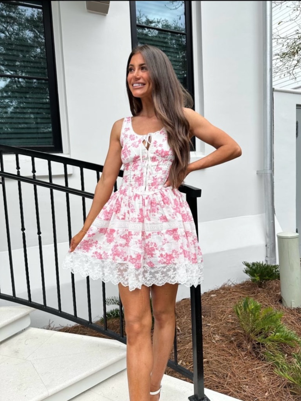 White & Pink Floral Lace Trim Sundress